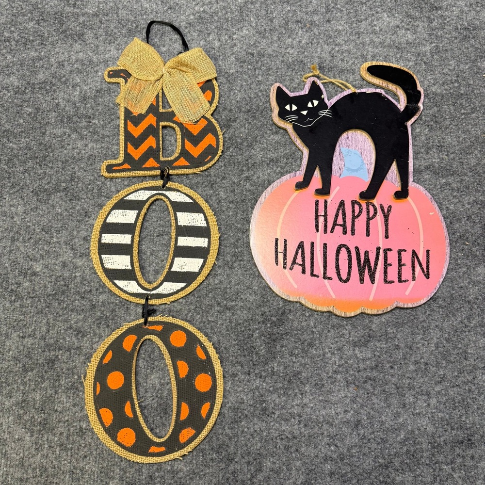 Halloween Wall Hanging Decor Lot BOO Burlap Sign Black Cat Pumpkin Sign 2pc
